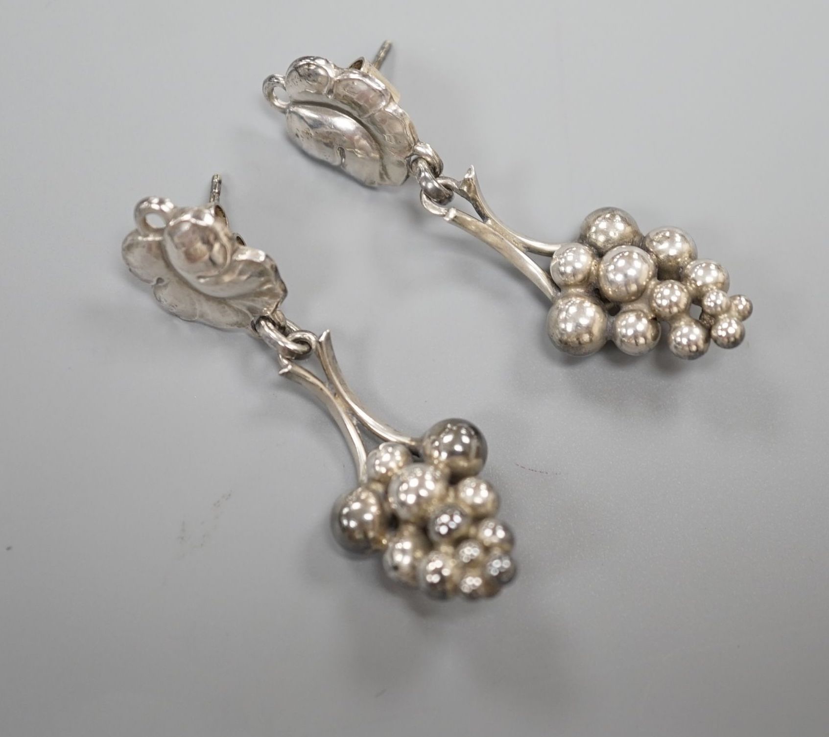 A pair of Georg Jensen sterling 'bunch of grapes' drop earrings, no.40, 46mm